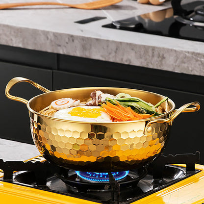 3-Piece Golden Stainless Steel Ramen Pot Set with Lids – Non-Stick Dishwasher Safe Cookware for Noodles Soups Curries – Textured Surface Pots for Home Camping Outdoor Parties Picnics