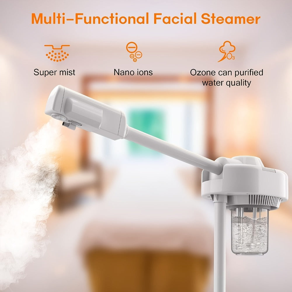 Ozone Facial Steamer with Stand on Wheels – Professional Hot Mist Deep Pore Cleansing Skin Hydration Machine for Home Salon Spa, Adjustable Rolling Stand