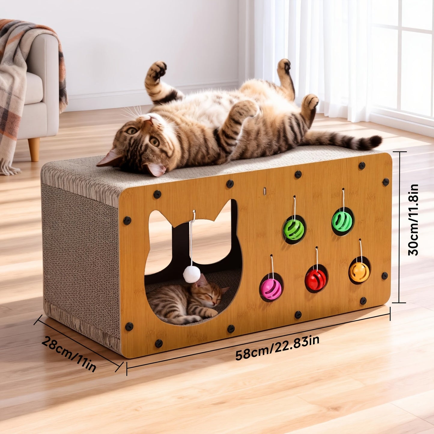 Cat Scratching Board with Interactive Rolling Ball – Multifunctional Cat Furniture for Scratching Playing & Resting, Sturdy Breathable Design, Perfect Cat Toy Gift for Indoor Cats