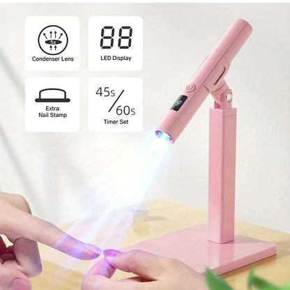 Gel Nail Lamp 360° Rotating Head with Digital Timer 45s/60s & Bonus Nail Stamp – USB Powered LED Gel Polish Curer with Condenser Lens for Home Manicure & Nail Art, White Pink