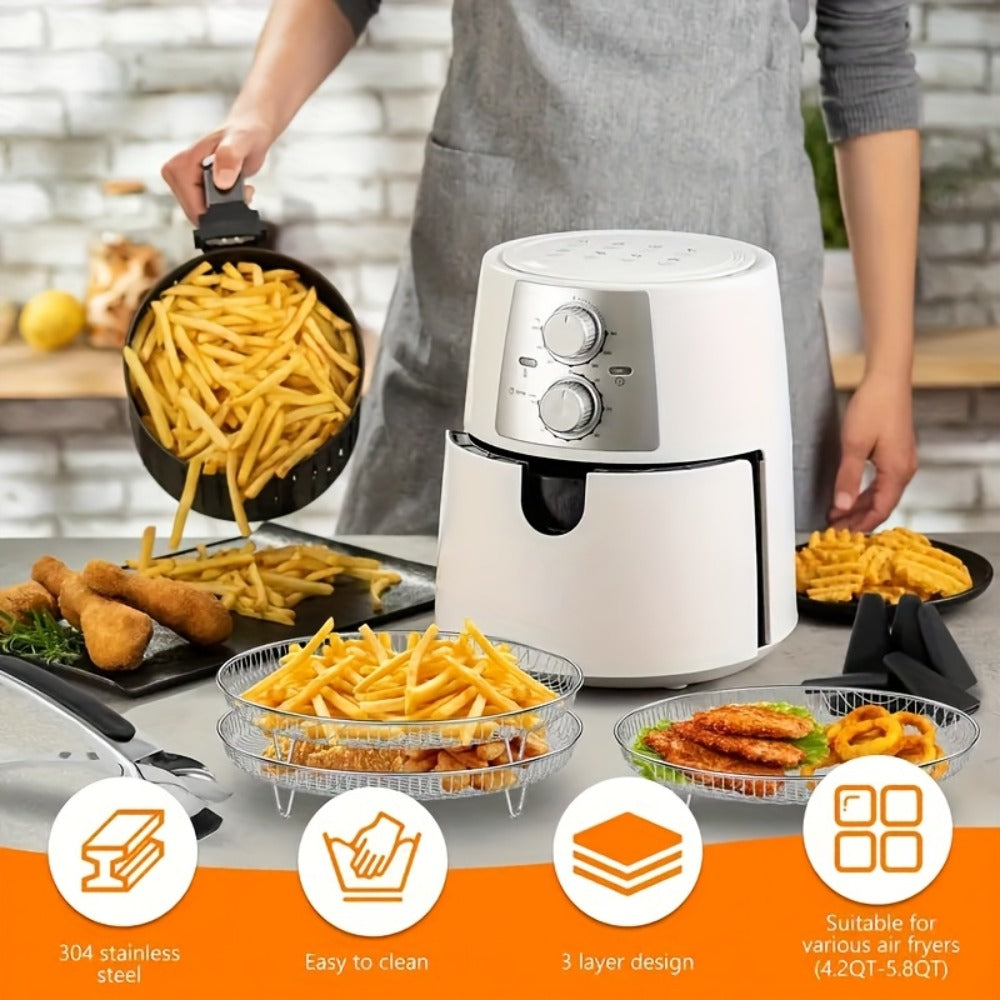 Air Fryer Rack Set – 10-Piece Stainless Steel Stackable Dehydrator Rack with Clips for 4.2QT-5.8QT Round Air Fryers, Reusable Elevated Baking Accessories, Dishwasher Safe
