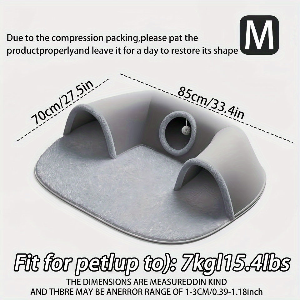 Cat Tunnel Bed 3-in-1 Play Mat & Warm Nest with Non-Slip Base, Durable Chew-Resistant Polyester Cat Bed for Indoor Cats, Soft Gray White Design, S & M Sizes for Cats Rabbits Hamsters