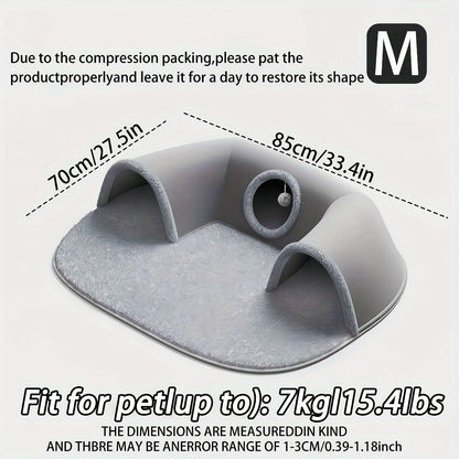 Cat Tunnel Bed 3-in-1 Play Mat & Warm Nest with Non-Slip Base, Durable Chew-Resistant Polyester Cat Bed for Indoor Cats, Soft Gray White Design, S & M Sizes for Cats Rabbits Hamsters
