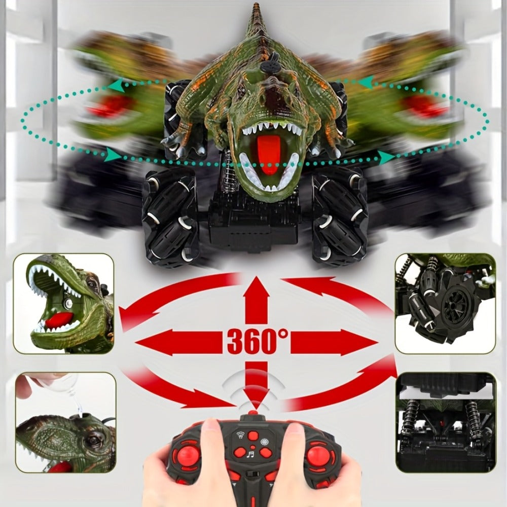 RC Monster Truck Dinosaur 2.4GHz 4WD Off-Road Remote Control Car with LED Lights Music Large Tires All-Terrain Stunt Vehicle Gift for Boys Girls Kids Ages 6+