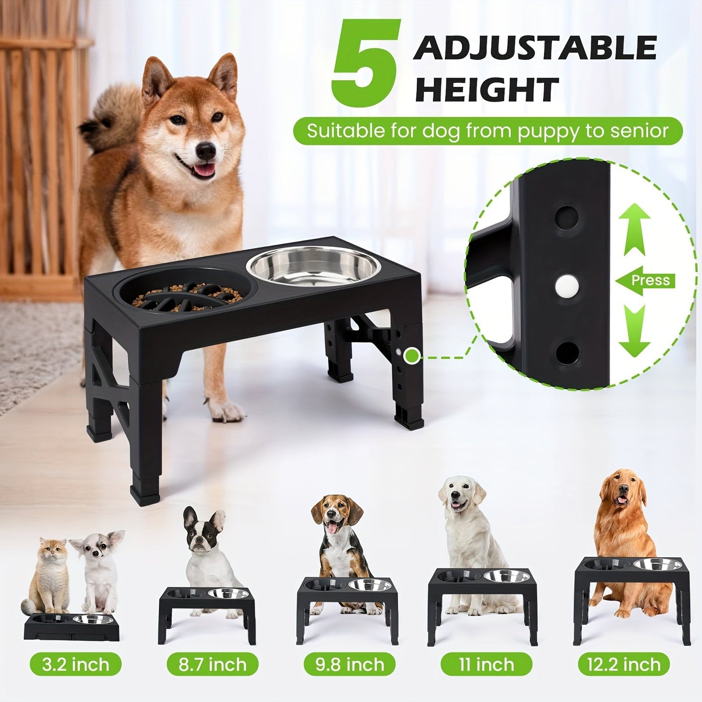 Elevated Dog Bowl Stand with 3 Stainless Steel Bowls – 5 Adjustable Heights, Slow Feeder Design for Small Medium Large Dogs | Anti-Slip Raised Dog Feeder Station (Black & Gray)