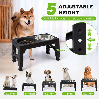 Elevated Dog Bowl Stand with 3 Stainless Steel Bowls – 5 Adjustable Heights, Slow Feeder Design for Small Medium Large Dogs | Anti-Slip Raised Dog Feeder Station (Black & Gray)