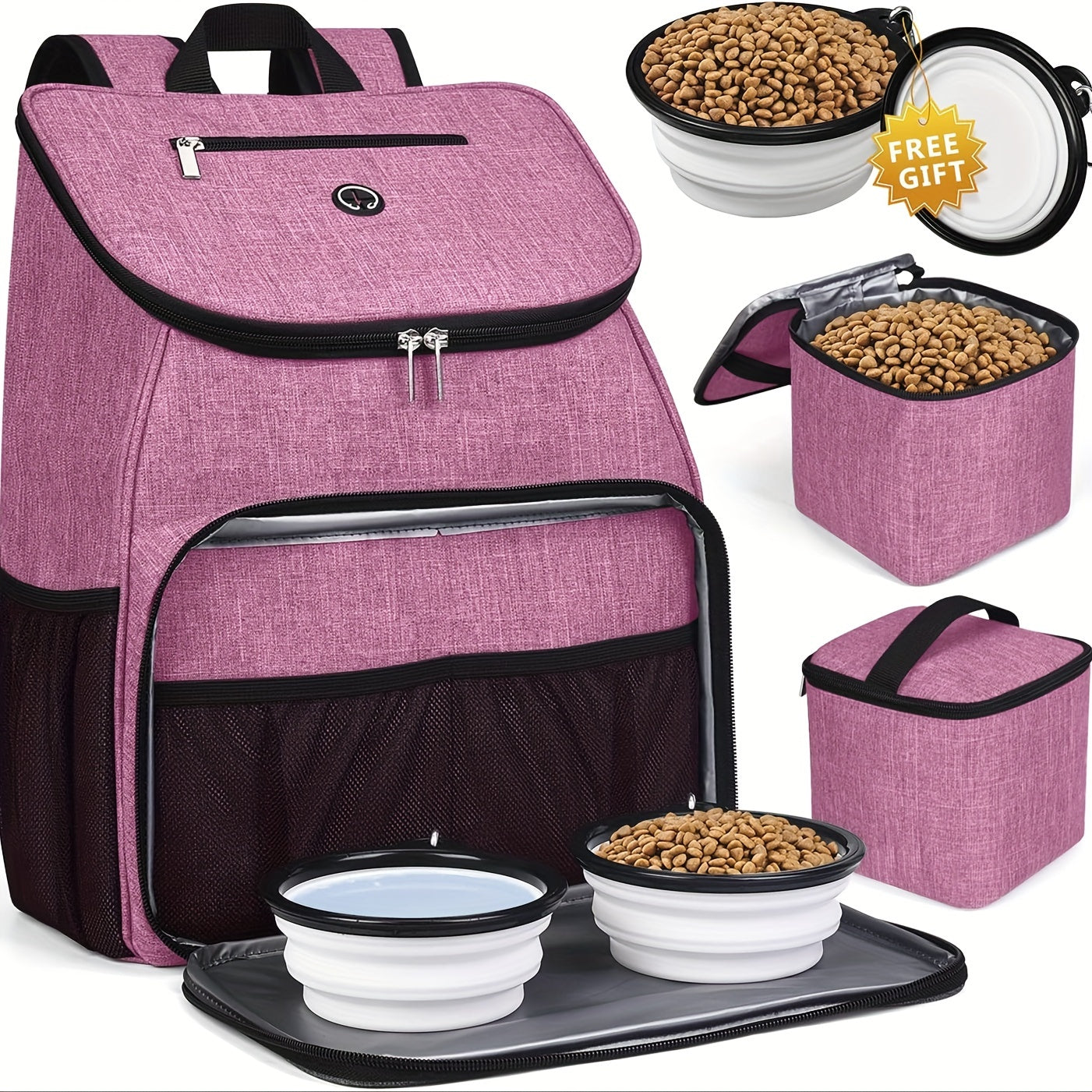 Pet Travel Backpack Double Layer Dog Cat Supplies Bag with 2 Collapsible Bowls 2 Food Baskets Portable Organizer for Outdoor Hiking Camping Road Trip