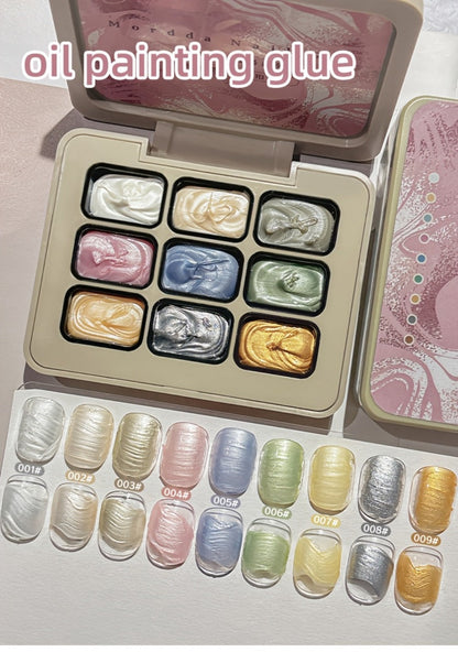 Pearlescent Nail Gel 9-Grid Shell Shimmer Mother of Pearl Cream Oil Painting Gel Polish Set – Multicolor Glitter Iridescent Spiral Design for Salon & DIY Nail Art, Gift for Women & Girls