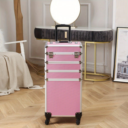 Rolling Makeup Case Aluminum 4-in-1 Extra Large Professional Cosmetic Trolley with 360° Swivel Wheels for Makeup Artist Tattoo Artist Salon Travel Black Pink Silver