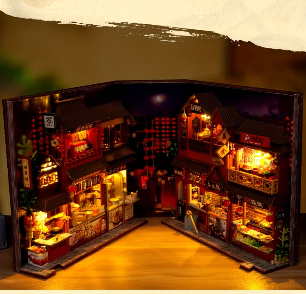 Book Nook Kit Chinese Food Street Miniature Dollhouse 3D Wooden Puzzle Bookshelf Insert DIY Model Building Set for Adults Teens – No Glue Needed Birthday Christmas Housewarming Gift