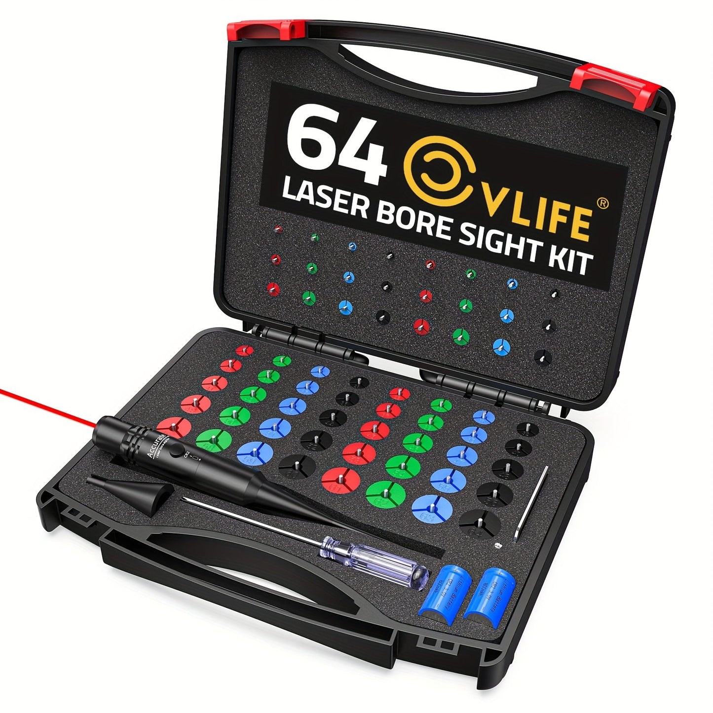 Red Laser Bore Sight Kit with 64 Adapters | Professional Multi-Caliber Boresighter for .17 to 12GA Rifles, Pistols & Handguns – Color-Coded Adapters, 40-Hour Battery & Portable Case Included