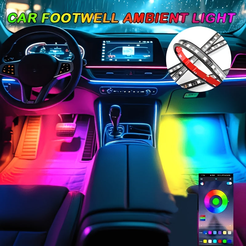 RGB Car Interior Bluetooth USB Light Strip with Wireless Remote And APP Control, 4pcs Dashboard Foot Mood Light Kit, Music Mode, Suitable for Vehicle Interior, SUV, Truck