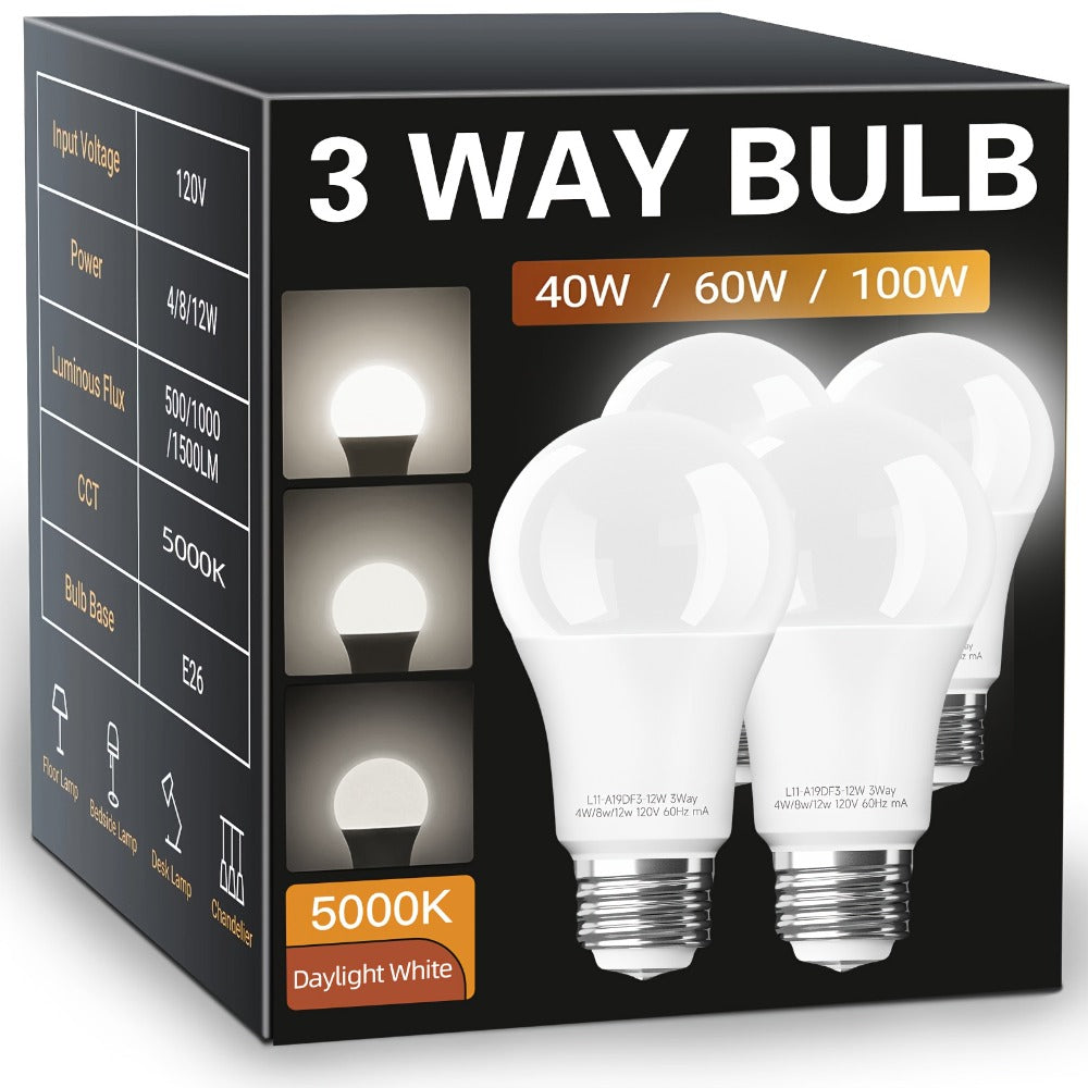 3-Way A19 Light Bulb 50 100 150W Equivalent 1500 Lumens E26 Medium Base – Warm White 2700K & Daylight 5000K Three-Way Bulb for Bedroom Living Room Study Room Floor Lamp, 4 Pack