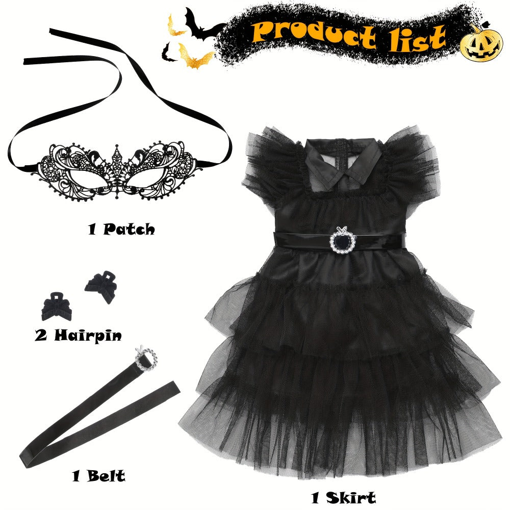 18 Inch Doll Halloween Costume Black Tulle Cake Dress with Black Bow Hair Clip – Movie Inspired Spooky Party Outfit for 16-18 Inch Dolls No Doll Included Creative Gift for Kids Ages 3+ Birthday Halloween