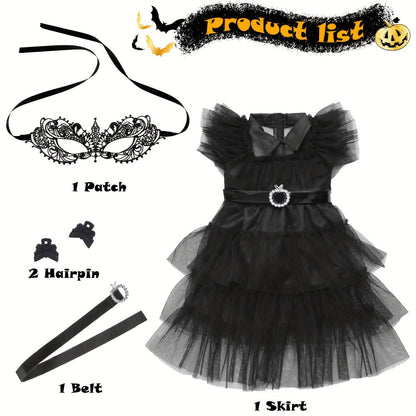 18 Inch Doll Halloween Costume Black Tulle Cake Dress with Black Bow Hair Clip – Movie Inspired Spooky Party Outfit for 16-18 Inch Dolls No Doll Included Creative Gift for Kids Ages 3+ Birthday Halloween