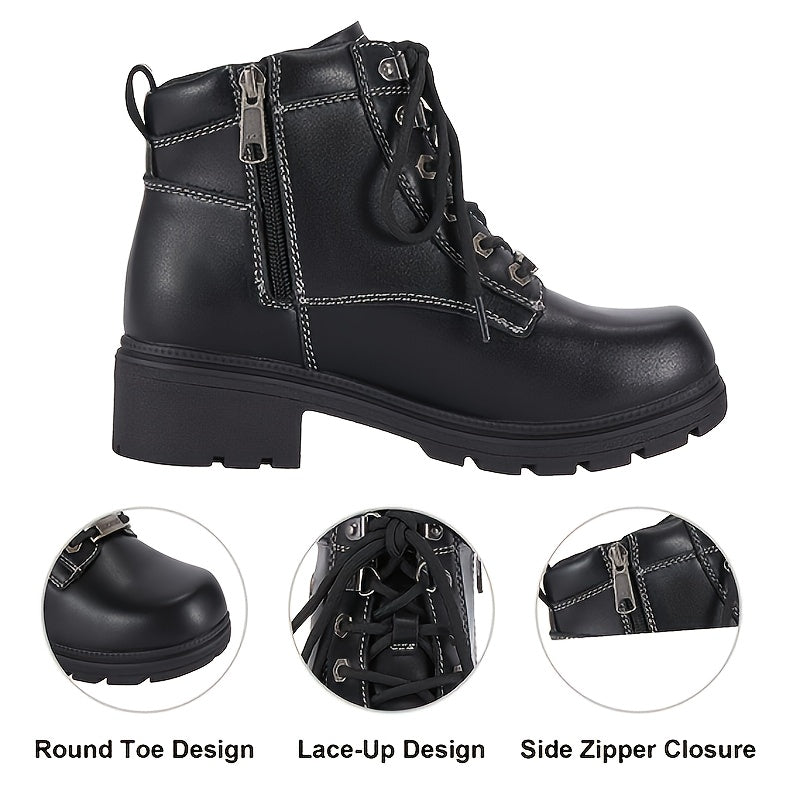 [Women'S Low Heel Biker Boots] Black Faux Leather Women'S Lace-Up Motorcycle Riding Boots | Side Zipper, Ankle Booties, Biker Boots, Combat Boots for Ladies with Low Heel, Non-Slip, Square Toe, for All-Season Riding Shoes