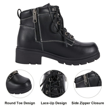 [Women'S Low Heel Biker Boots] Black Faux Leather Women'S Lace-Up Motorcycle Riding Boots | Side Zipper, Ankle Booties, Biker Boots, Combat Boots for Ladies with Low Heel, Non-Slip, Square Toe, for All-Season Riding Shoes