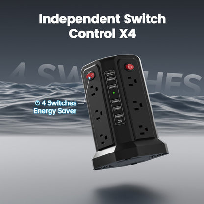 Surge Protector Power Strip Tower with 12 AC Outlets 5 USB Ports 8.8FT Extension Cord Night Light 4 Individual Switches Overload Protection for Home Office Desk Dorm Room