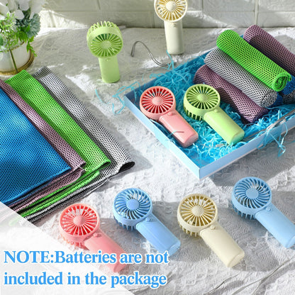 Portable Cooling Towel & Handheld Fan Set 24-Pack – Mini Ice Towels with Fans for Sports, Gym, Yoga, Travel & Camping, Multicolor Reusable Chilling Cloth & Fan Combo, Summer Heat Relief Kit