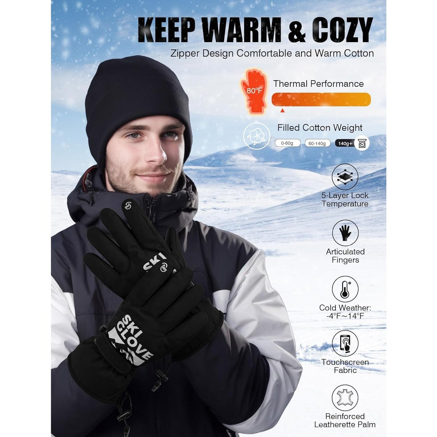 Thermal Winter Gloves 5-Layer Windproof Waterproof – Touchscreen Compatible Warm Ski Gloves for Men & Women, Fast-Dry Insulated Gloves for Driving, Running, Hiking, Cycling & Snowboarding