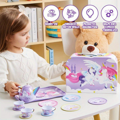 Unicorn Tea Party Set for Girls – Purple Tin Teapot Cups & Plates Pretend Play Princess Kitchen Toy with Storage Case – Magical Unicorn Rainbow Castle Gift for Ages 3+ Birthday Easter Christmas