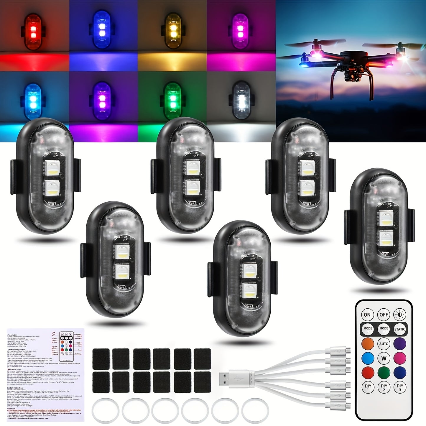 6/8 Pack Car Wireless LED Lights with Remote Control, Wireless LED Strobe Light 8 Colors USB Charging IP65 Anti-Collision Warning Light for Car Interior Truck Motorcycle Drone Aircraft Bicycle