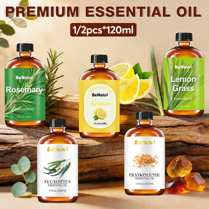 Pure Essential Oil Set 4.06 oz — Frankincense, Lemon, Lemongrass & Rosemary Oils for Massage, Bath, Hair, Skin & Nail Care, Aromatherapy Gift for Women, Mother's Day & Birthday Gift
