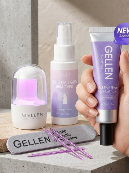 Press-On Nail Glue Gel Kit 30g with UV Lamp - Strong Long-Lasting Solid Nail Glue, 60ml Remover & Buffer for False Nails, Nail Tips & Rhinestones, Lasts 15-30 Days