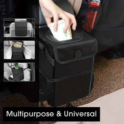 One Car Trash Can Featuring a Lid And Storage Pockets, Designed to Hold Items Or Waste. This Leak-Proof Polyester Fiber Automotive Garbage Bin Serves Multiple Purposes As a Hanging Trash for The Interior of Your Vehicle