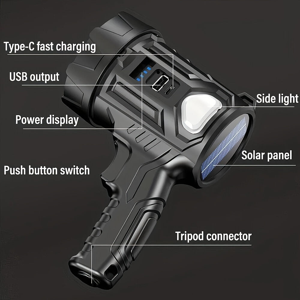 Solar Rechargeable Flashlight Super Bright LED Searchlight USB Charging ABS Spotlight for Camping Hiking Search Emergency Outdoor
