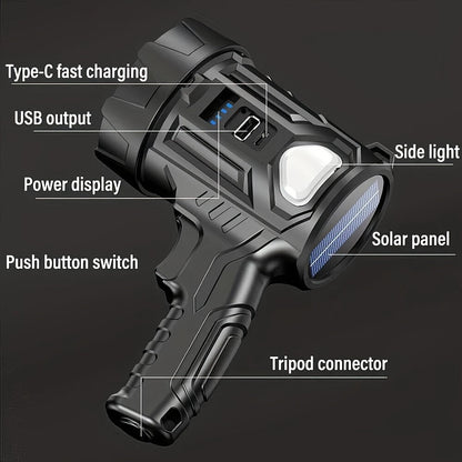 Solar Rechargeable Flashlight Super Bright LED Searchlight USB Charging ABS Spotlight for Camping Hiking Search Emergency Outdoor