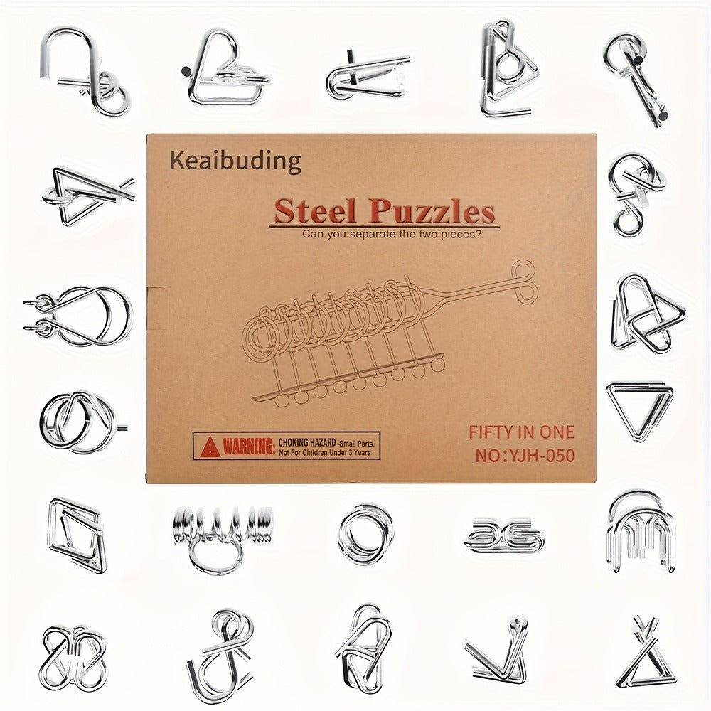 Metal Brain Teaser Puzzle Set 50 Pack – Golden Unlock Iron Chain Link Toys, Nine Rings Kongming Lock, IQ Logic Games for Kids & Adults, Party Favor Stocking Stuffer Halloween Christmas Gift
