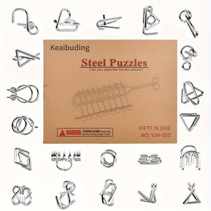 Metal Brain Teaser Puzzle Set 50 Pack – Golden Unlock Iron Chain Link Toys, Nine Rings Kongming Lock, IQ Logic Games for Kids & Adults, Party Favor Stocking Stuffer Halloween Christmas Gift