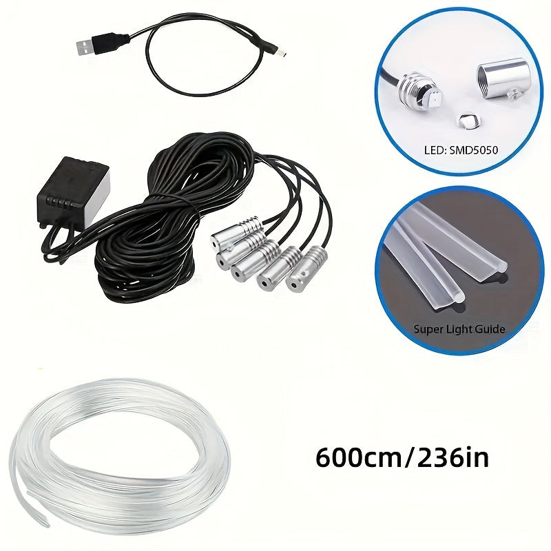 LED Interior Ambient Light Strips with USB, Fiber Optic Illumination for Dashboard and Control Panel, Remote Control, Music Sync - 5V Operating Voltage, LED Light Source, No Battery Required
