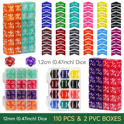 MTG Counter Dice Set 110pcs – 12mm 6-Sided +1/-1 Token Dice D20 & Keyword Counters Tokens for Magic the Gathering TCG Card Game Accessories Gift