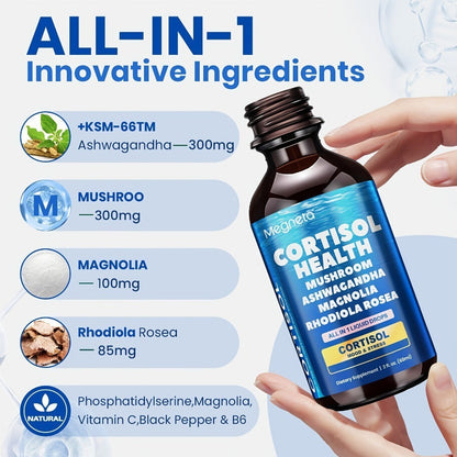 Cortisol Balance Liquid Drops for Stress Relief & Cortisol Belly – KSM-66 Ashwagandha, Magnesium Glycinate & L-Theanine Sublingual Supplement – 99% Absorption – 2 fl oz