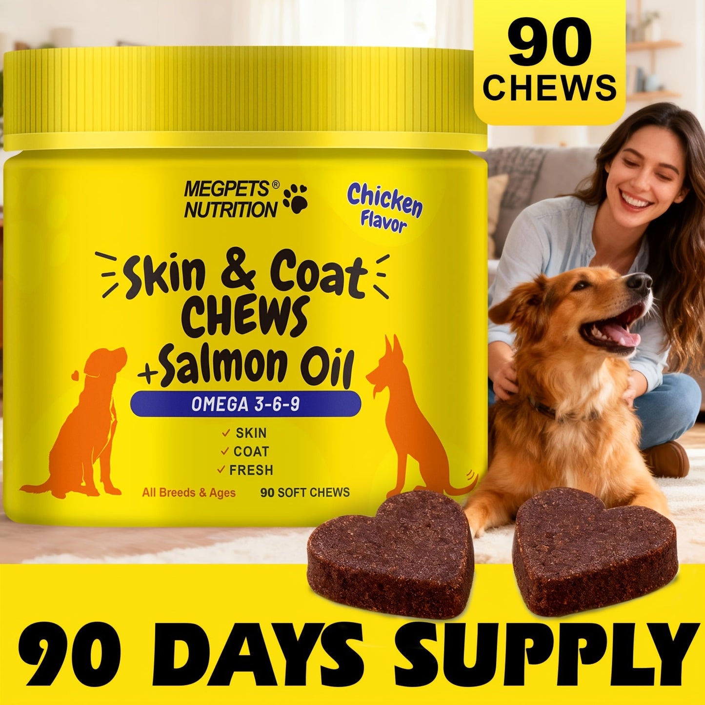 Omega 3 Dog Chews 90ct – 90-Day Supply Skin, Coat & Ear Care Supplement with Probiotics for Itchy Relief, All Ages – 1 Bottle Trial or 2 Bottle Value Pack