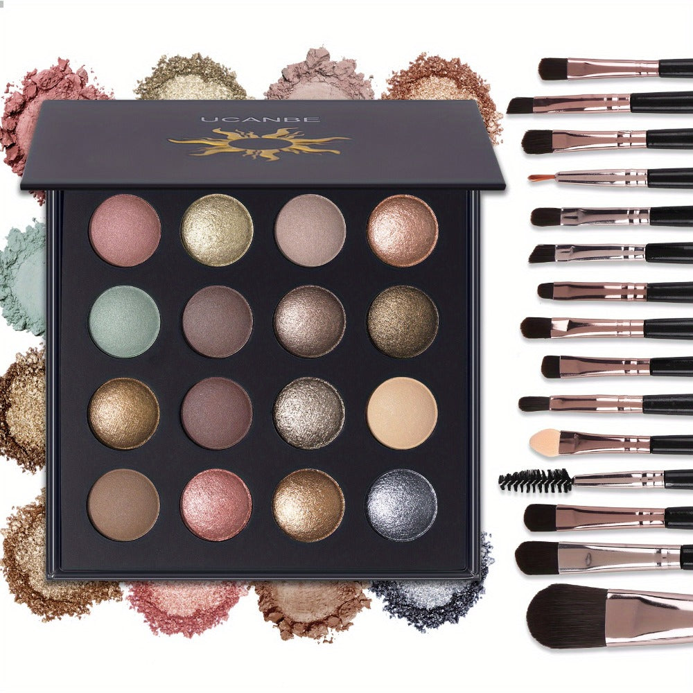 16-Color Eyeshadow Palette with 15 Brushes Complete Kit — Baked Matte Shimmer Metallic High Pigment Waterproof Long-Lasting Nude Coral Tones Eye Makeup Set for Women & Girls
