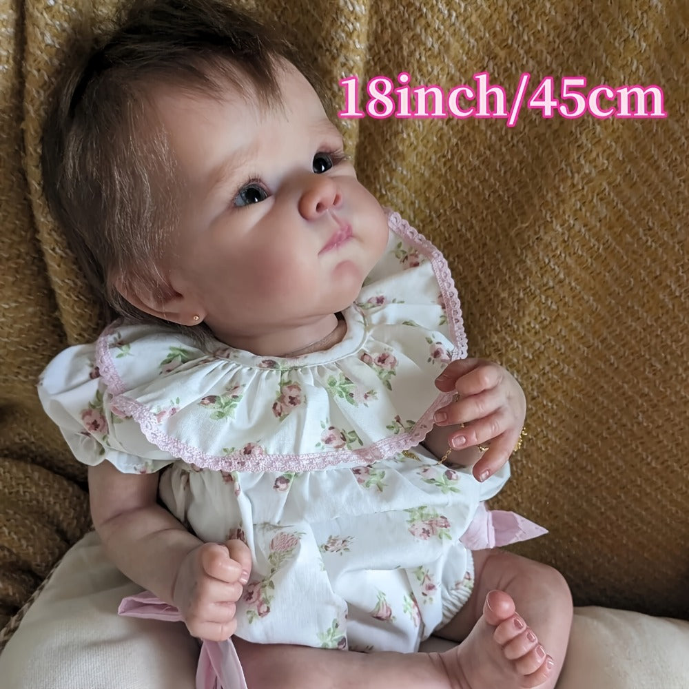 Reborn Baby Doll 18 Inch Hand-Rooted Hair Soft Cloth Body with Hand-Painted Veins Skin Creases & 2lbs Lifelike Weight – Includes Outfit Pacifier Bottle Diaper & Birth Certificate, Newborn Girl Gift Ages 3+ 45cm