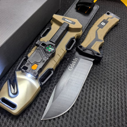 Fixed Blade Outdoor Camping Knife 9.64 Inch Stainless Steel, Survival Hunting Knife with Flint Fire Starter Night Light Sharpener Safety Sheath, Non-Slip Ambidextrous Handle for Hiking Mountaineering Adventure