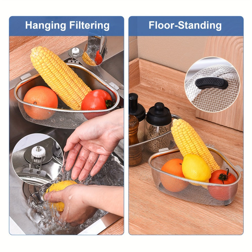 Stainless Steel Sink Strainer Basket 304 Grade Triangular Space-Saving Design – Dual-Use Stand & Hang, Mesh Filter for Food Waste & Clog Prevention, Kitchen & RV Drain Basket 8.6×6.1×3.1 Inch