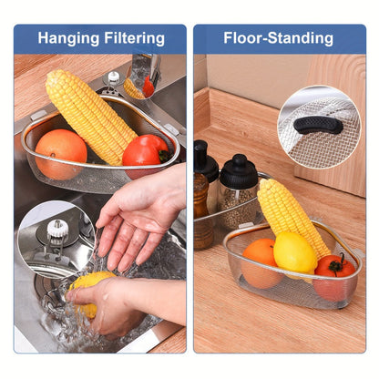 Stainless Steel Sink Strainer Basket 304 Grade Triangular Space-Saving Design – Dual-Use Stand & Hang, Mesh Filter for Food Waste & Clog Prevention, Kitchen & RV Drain Basket 8.6×6.1×3.1 Inch