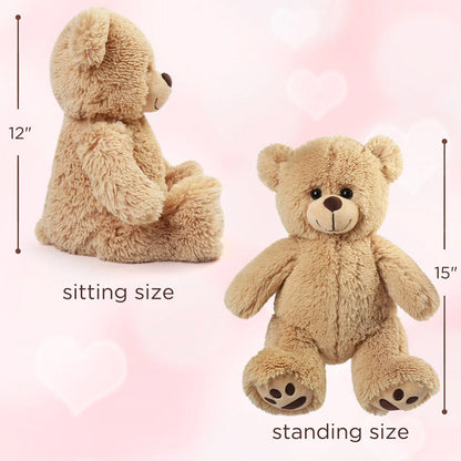 Teddy Bear Stuffed Animal 15 Inch Classic Brown Soft Plush Bear with Safe Lock-Washer Eyes Huggable Cuddly Toy Gift for Kids Baby Girls Boys Christmas Valentine Birthday Easter