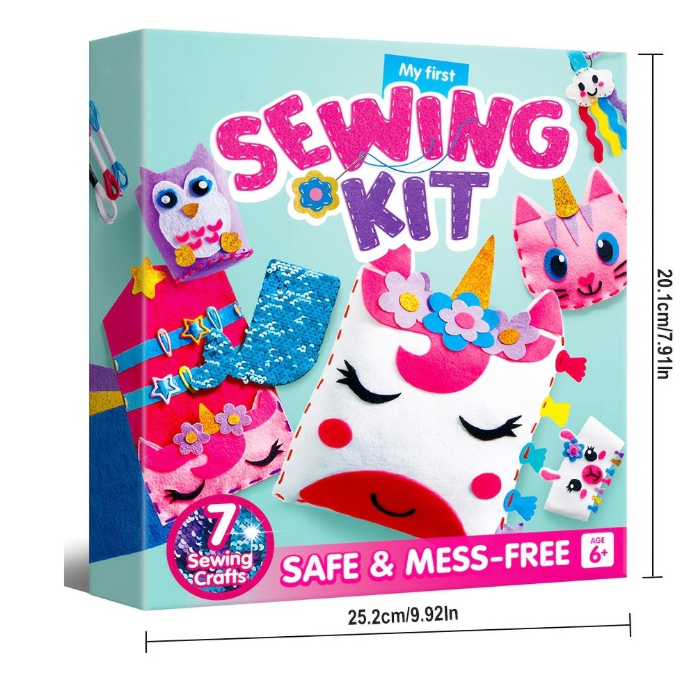 Kids Sewing Kit for Beginners 7 Felt Craft Projects – Pre-Punched Holes Safe Needles Mini Pillow Keychain Card Holder Cup Sleeve, STEM Life Skills Gift for Girls Boys Ages 6 7 8 9 10
