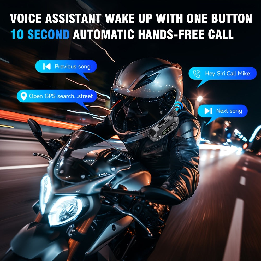 Motorcycle Helmet Bluetooth Intercom Headset 500M Range Bluetooth 5.3 LED Display Noise Cancelling Voice Control FM Radio Music Sharing for Off-Road Riding