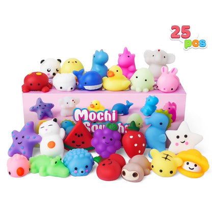 Mini Mochi Squishies 25 Pack – Assorted Animals & Fruit Squishy Toys for Kids Party Favors, Easter Eggs, Goodie Bags, Classroom Prizes & Birthday Gifts