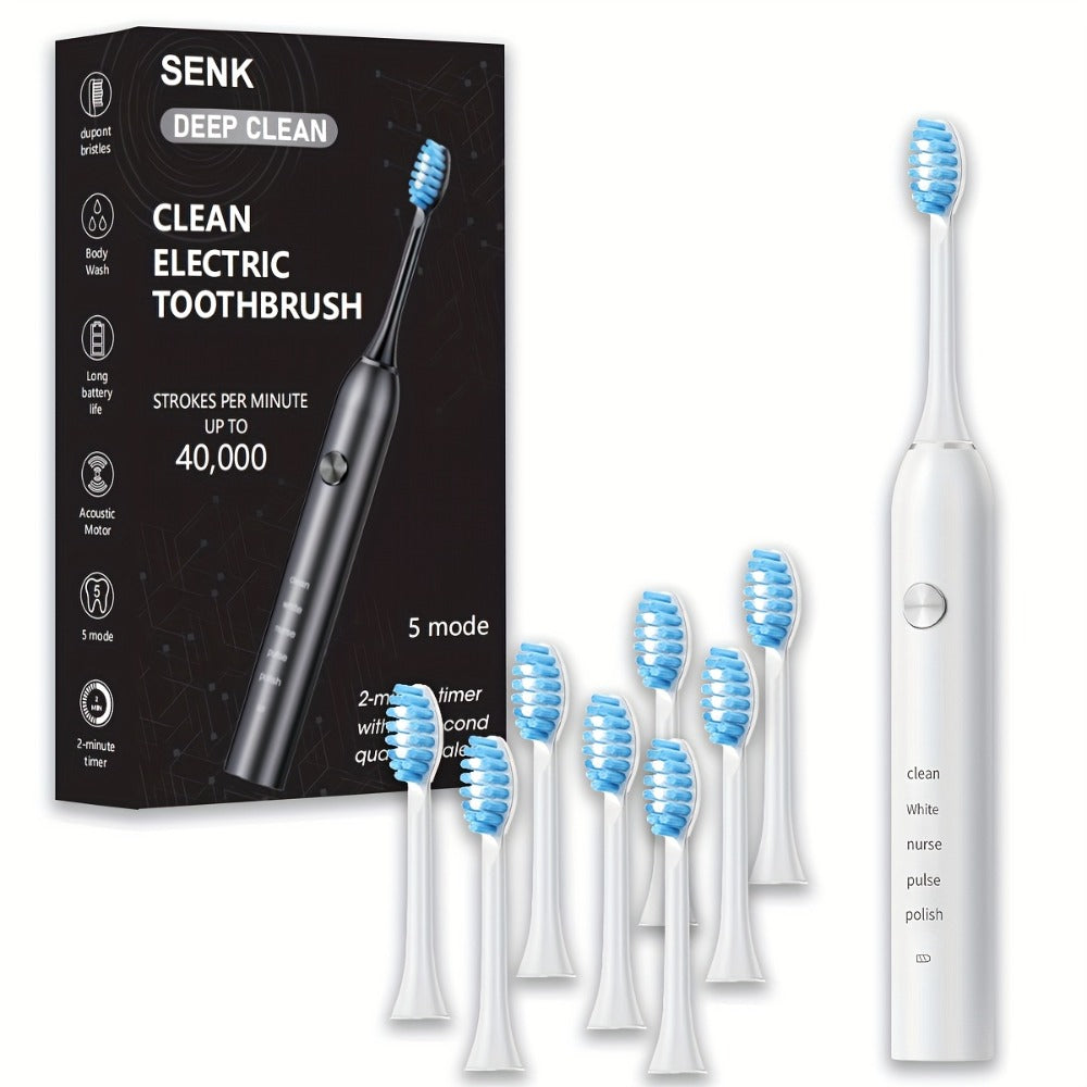 Sonic Electric Toothbrush – 5 Vibration Modes, Soft Bristle, Type-C Fast Charging, Waterproof, Deep Clean & Teeth Whitening Rechargeable Power Toothbrush for Men & Women, 4 or 8 Brush Heads