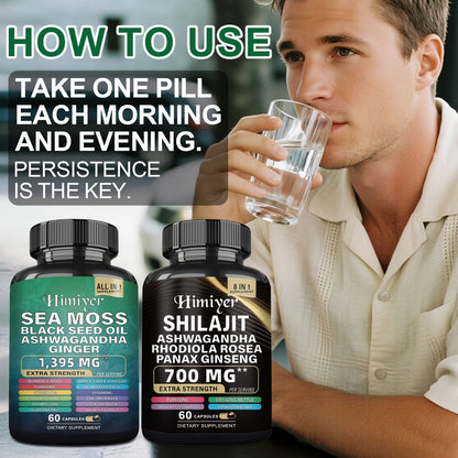Sea Moss 7000mg & Shilajit Supplement Bundle — Black Seed Oil 4000mg, Ashwagandha 2000mg, Panax Ginseng 1500mg, Rhodiola Rosea | All-in-1 Daily Wellness Capsules