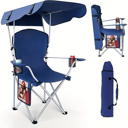 Portable Folding Camping Chair with Canopy Sun Shade 600D Oxford Fabric Outdoor Chair for Camping Beach Picnic Fishing Sports Lightweight Foldable Seat