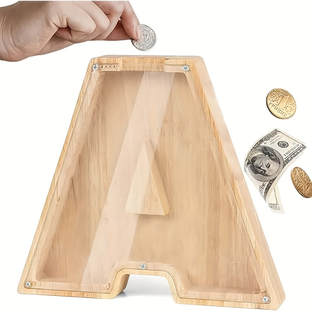 Alphabet Wooden Money Bank for Adults A to Z Letter Piggy Bank – Personalized Coin Bank Home Decor Craft Art Decoration, Ideal Gift for Ages 14 and Up